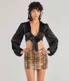 The Sleek Mood Satin Tie-Front Crop Top in black with a modern design and trendy look is part of the latest women's tops collection to elevate your 2025 wardrobe.