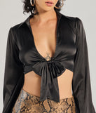 The Sleek Mood Satin Tie-Front Crop Top in black with a modern design and trendy look is part of the latest women's tops collection to elevate your 2025 wardrobe.