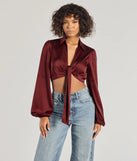 The Sleek Mood Satin Tie-Front Crop Top in burgundy with a modern design and trendy look is part of the latest women's tops collection to elevate your 2025 wardrobe.