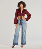 The Sleek Mood Satin Tie-Front Crop Top in burgundy with a modern design and trendy look is part of the latest women's tops collection to elevate your 2025 wardrobe.