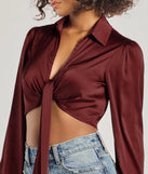 The Sleek Mood Satin Tie-Front Crop Top in burgundy with a modern design and trendy look is part of the latest women's tops collection to elevate your 2025 wardrobe.