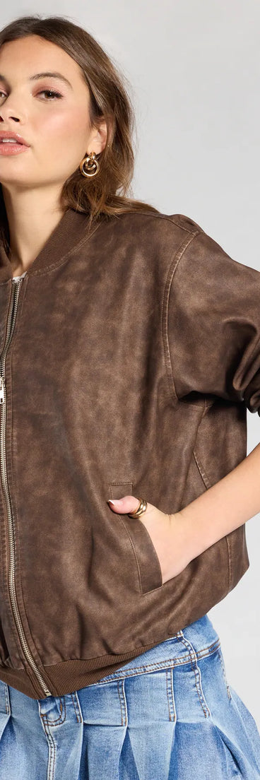 Get inspired with the Edgy Cutie Distressed Faux Leather Bomber Jacket, a feed-worthy brown piece that’s part of Windsor's updated and curated women’s clothing edit packed with must-have fall outfit ideas.