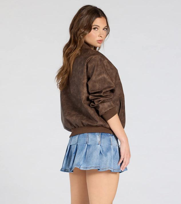 Edgy Cutie Distressed Faux Leather Bomber Jacket | Windsor
