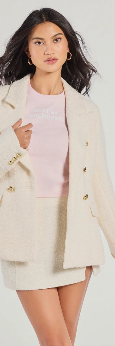 Stay on-trend this season with the Layer On The Style Tweed Button Blazer in ivory, a must-have for creating stylish and effortless spring outfits for women.