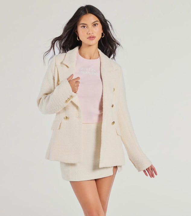 Stay on-trend this season with the Layer On The Style Tweed Button Blazer in ivory, a must-have for creating stylish and effortless spring outfits for women.