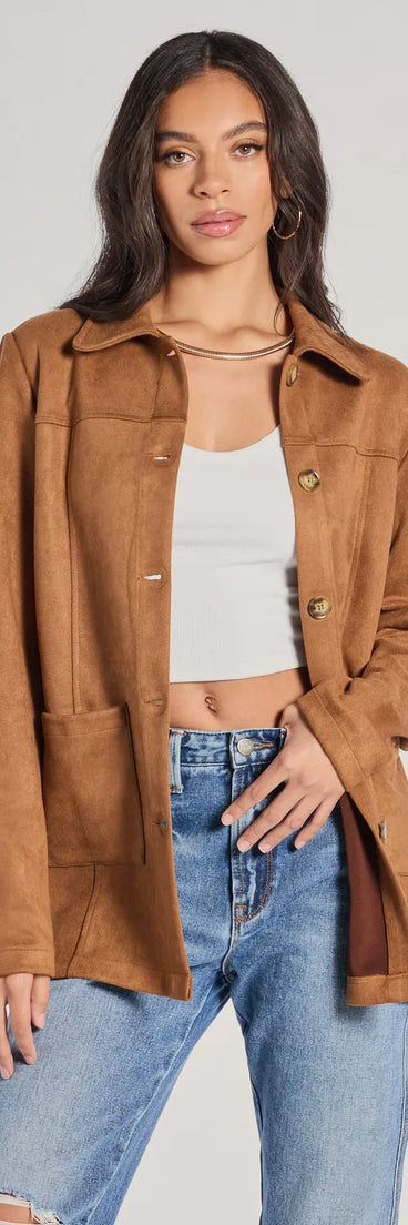 Complete your outfits with the Seasonal Favorite Faux Suede Shacket, a camel brown fashion jacket that adds stylish edge and versatile appeal.