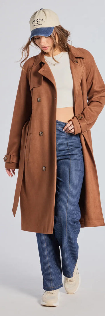 Complete your outfits with the City In Style Belted Faux Suede Trench Coat, a brown fashion jacket that adds stylish edge and versatile appeal.