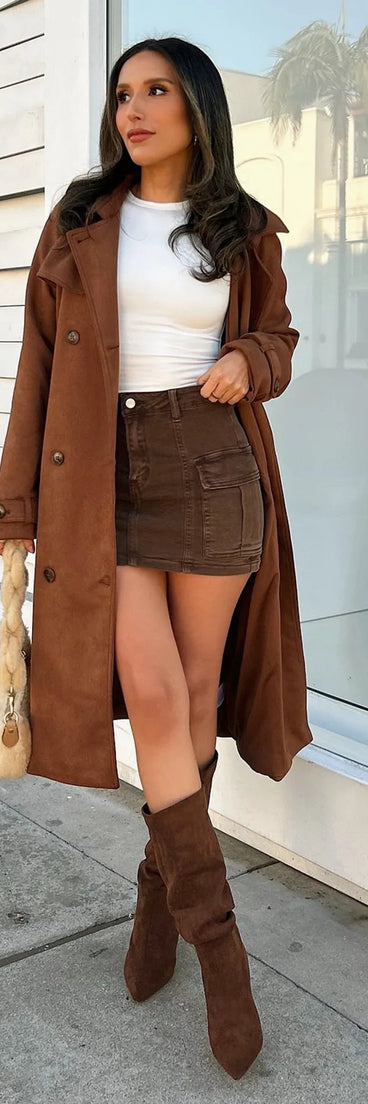 City In Style Belted Faux Suede Trench Coat