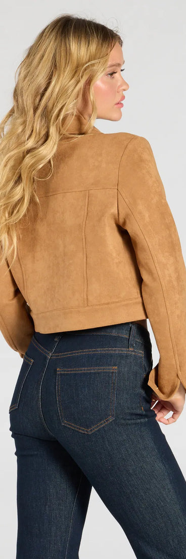 Refresh your wardrobe with the Ready To Go Faux Suede Crop Jacket, a camel brown fashion jacket that adds statement style to every look.