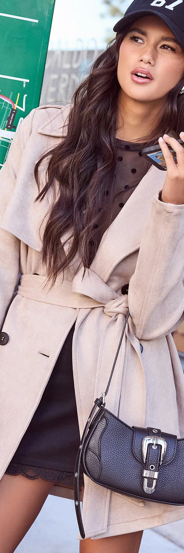 Complete your outfits with the Eye For Style Belted Faux Suede Trench Coat, a taupe fashion jacket that adds stylish edge and versatile appeal.