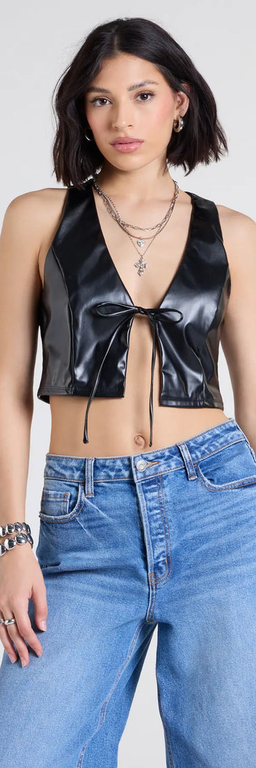 Refresh your wardrobe with the Here To Slay Faux Leather Cropped Vest, a black fashion jacket that adds statement style to every look.