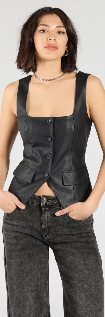 Refresh your wardrobe with the Fashionable Edge Button Down Faux Leather Vest, a black fashion jacket that adds statement style to every look.