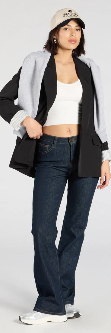 Top off your look with the Official Business Striped Cuff Woven Blazer, a black blazer that adds sharp structure and polished edge to any outfit.