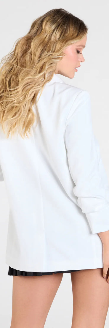 Dress up or down with the Meet And Greet Ruched Sleeve Woven Blazer, a trendy ivory blazer that delivers structure and style on the go.