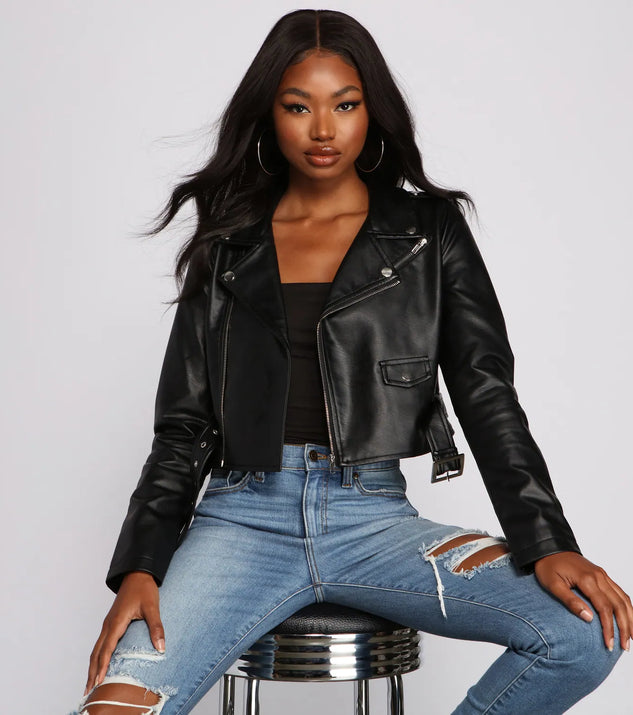 Stay on-trend this season with the Biker Chic Crop Jacket in black, a must-have for creating stylish and effortless spring outfits for women.