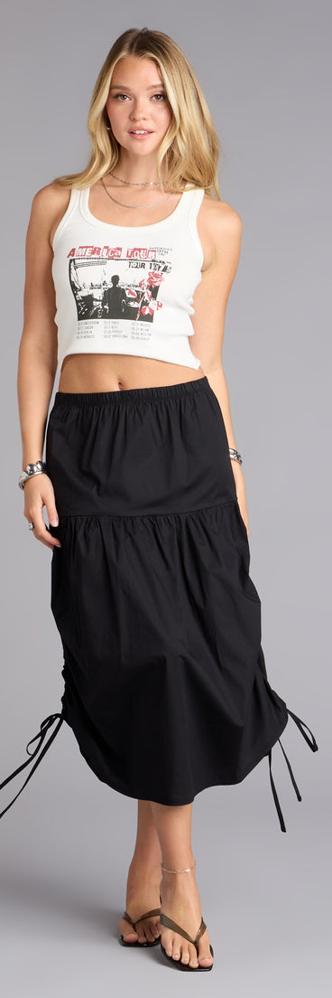 Make a fall statement in the Sweet Stroll Ruched Midi Skirt, a closet must-have among fall bottoms for women.