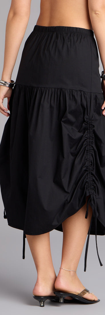 Make a fall statement in the Sweet Stroll Ruched Midi Skirt, a closet must-have among fall bottoms for women.