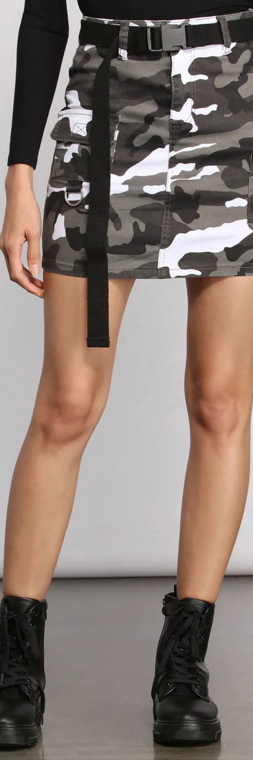 Belted Cargo Camo Print Mini Skirt