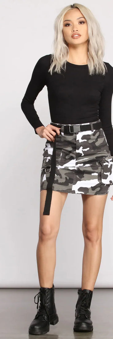 Belted Cargo Camo Print Mini Skirt