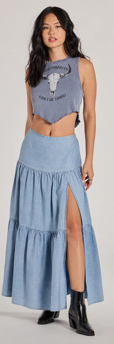 Just Got Sweet High-Rise Slit Chambray Maxi Skirt