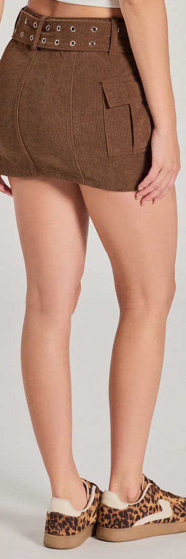 The Cutest Season High-Rise Cargo Corduroy Mini Skirt is a trendy women's bottom in brown, designed with modern details and alluring textures to complete chic outfits for 2025.