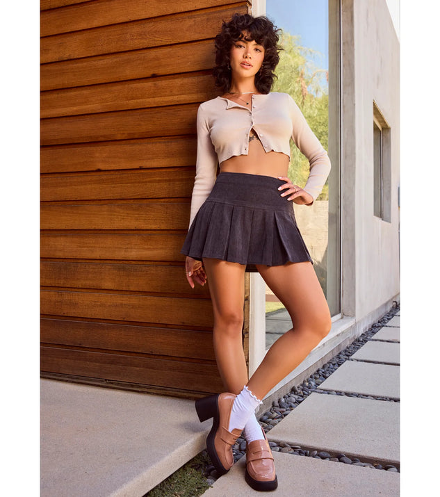 Preppy Chic Drop Waist Pleated Corduroy Mini Skirt Windsor
