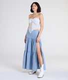 Pair the Western Cutie Tiered Chambray Maxi Skirt with your favorite crop or bodysuit for effortless warm-weather looks with on-trend light blue skirts that speak your style.