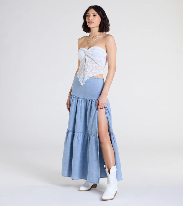 Pair the Western Cutie Tiered Chambray Maxi Skirt with your favorite crop or bodysuit for effortless warm-weather looks with on-trend light blue skirts that speak your style.
