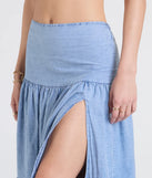 The Western Cutie Tiered Chambray Maxi Skirt in light blue brings edge and energy to your vibe, ready to elevate any festival look or concert outfit.