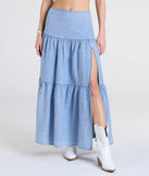 Pair the Western Cutie Tiered Chambray Maxi Skirt with your favorite crop or bodysuit for effortless warm-weather looks with on-trend light blue skirts that speak your style.