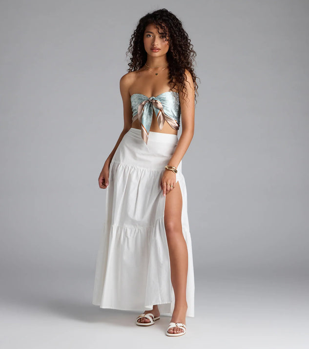 The Breezy Babe High-Rise Slit Maxi Skirt in white brings edge and energy to your vibe, ready to elevate any festival look or concert outfit.