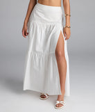The Breezy Babe High-Rise Slit Maxi Skirt in white brings edge and energy to your vibe, ready to elevate any festival look or concert outfit.