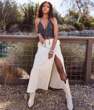 Create bold, fashion-forward looks for spring or summer with the Free Spirit High-Rise Embroidered Slit Maxi Skirt in beige, a must-have piece from Windsor’s collection of stylish bottoms for women.