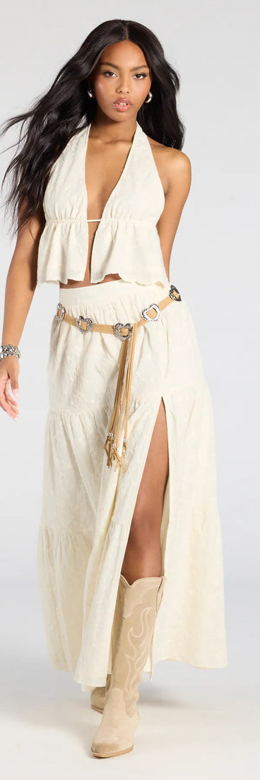 Designed for campus outfits, sleek workwear, and on-the-go moments, the Free Spirit High-Rise Embroidered Slit Maxi Skirt is a trendy beige bottom for women bringing effortless fall versatility.