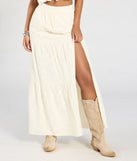 Create bold, fashion-forward looks for spring or summer with the Free Spirit High-Rise Embroidered Slit Maxi Skirt in beige, a must-have piece from Windsor’s collection of stylish bottoms for women.