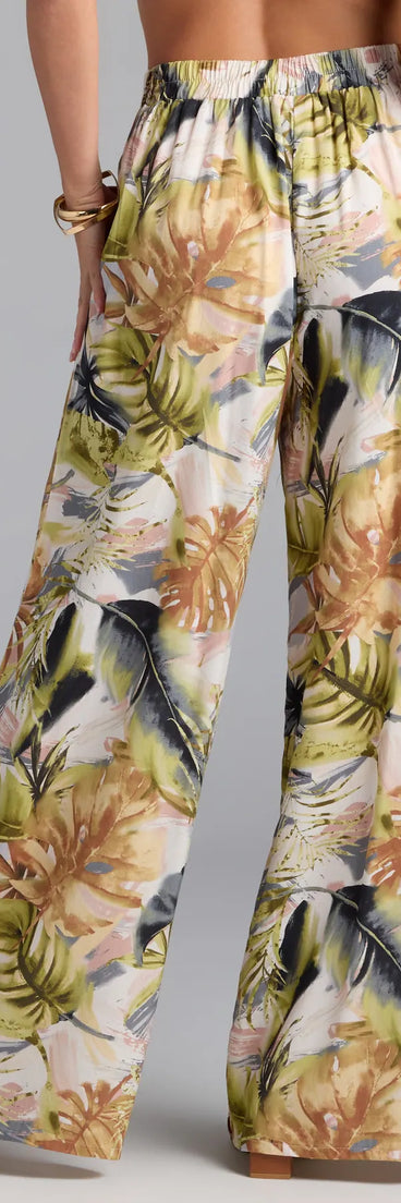 Stay polished and comfortable in the Sunny Escape Tropical Print Palazzo Pants, trendy multi-color pants for women that transition from everyday looks to weekend slay.