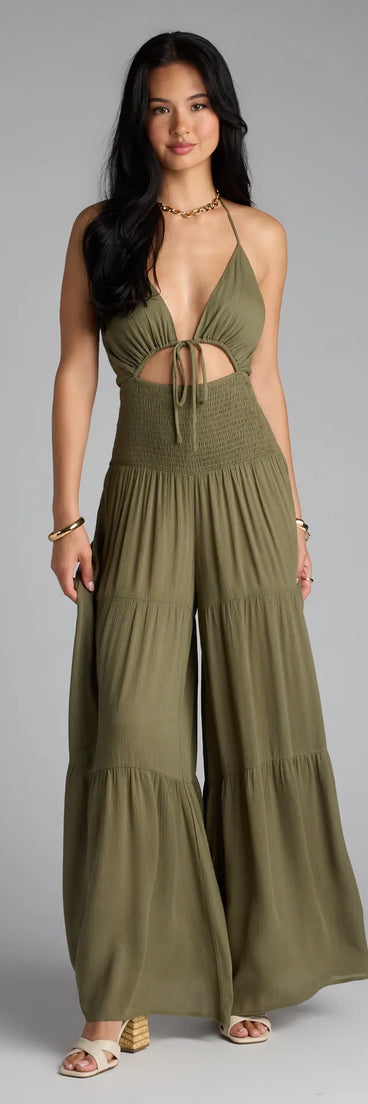 Elevate your look with the You've Got Flare Halter Cutout Wide Leg Jumpsuit, a chic olive green jumpsuit that delivers effortless polish for dinners, events, or date nights.