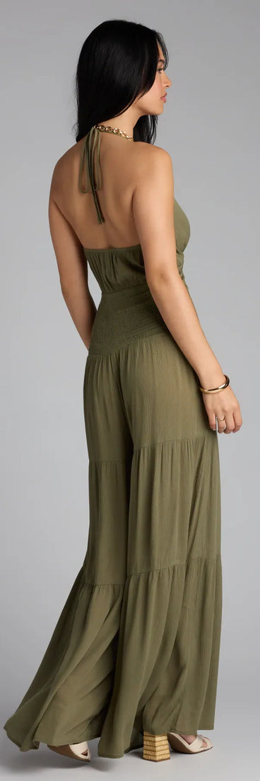 Stay polished and comfortable in the You've Got Flare Halter Cutout Wide Leg Jumpsuit, trendy olive green pants for women that transition from everyday looks to weekend slay.