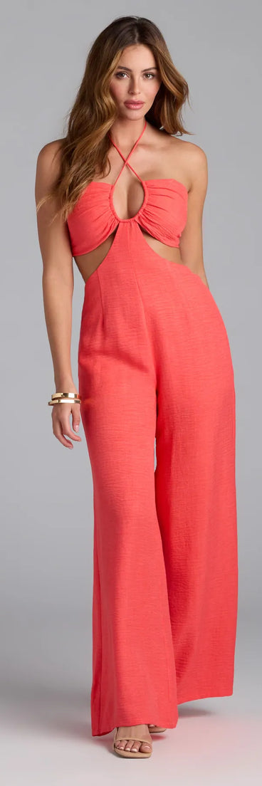 Stay polished and comfortable in the Cut to the Chase Halter Jumpsuit, trendy coral pants for women that transition from everyday looks to weekend slay.