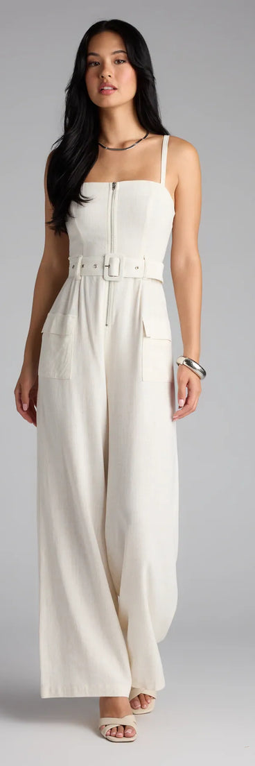 Elevate your look with the Stylish In The Sunshine Linen Cargo Jumpsuit, a chic natural jumpsuit that delivers effortless polish for dinners, events, or date nights.
