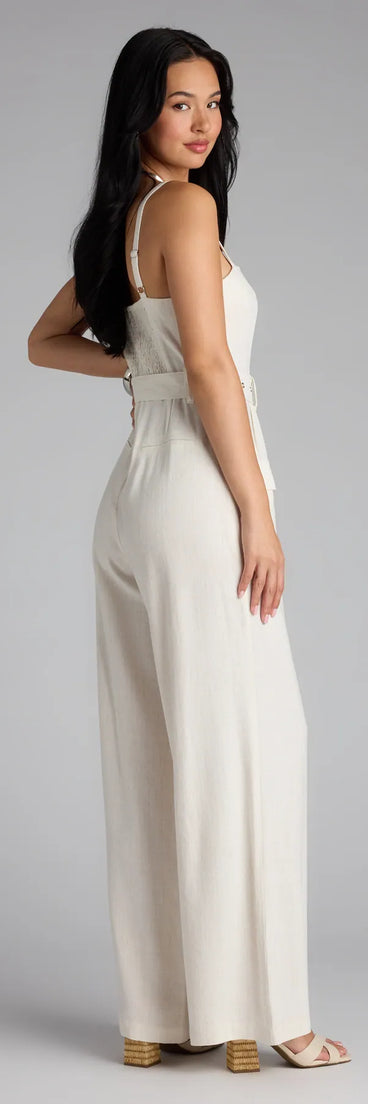 Trendy natural-hue cargo style like the Stylish In The Sunshine Linen Cargo Jumpsuit bring casual utility style to everyday and off-duty looks.