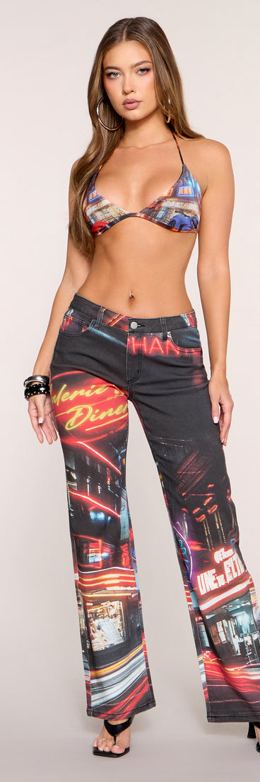 Bright Lights City Print Straight-Leg Pants