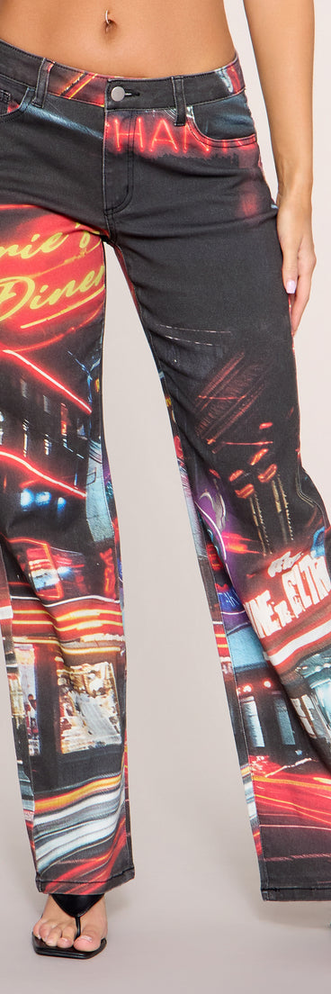 Bright Lights City Print Straight-Leg Pants