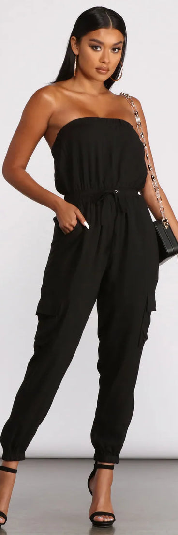 Strapless Cargo Pocket Jogger Jumpsuit