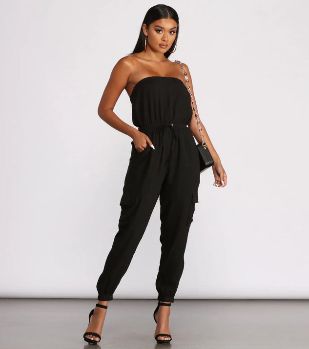 Strapless Cargo Pocket Jogger Jumpsuit