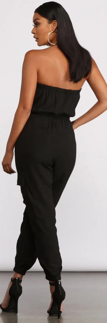 Strapless Cargo Pocket Jogger Jumpsuit