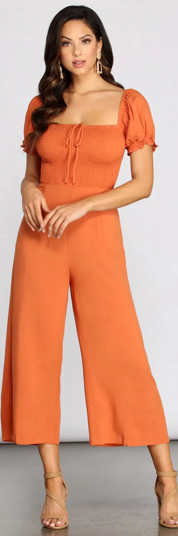 On The Bright Side Puff Sleeve Smocked Jumpsuit