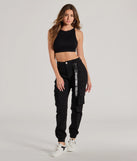 The Major Cutie Cargo Joggers in black, women's cargo joggers crafted for a casual style, are perfect for relaxed spring outings or gatherings.