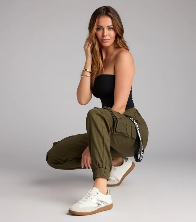 Trendy olive green cargo pants like the Major Cutie Cargo Joggers bring casual utility style to everyday and off-duty looks.