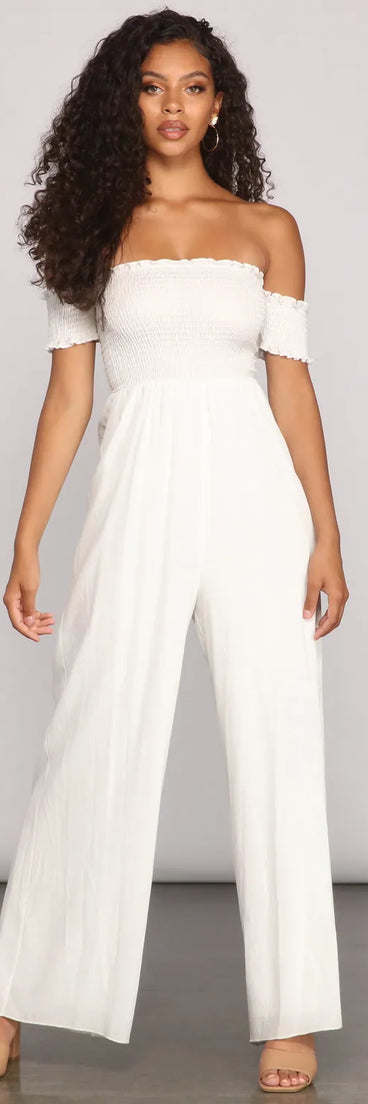 Vacay Bound Off The Shoulder Smocked Jumpsuit